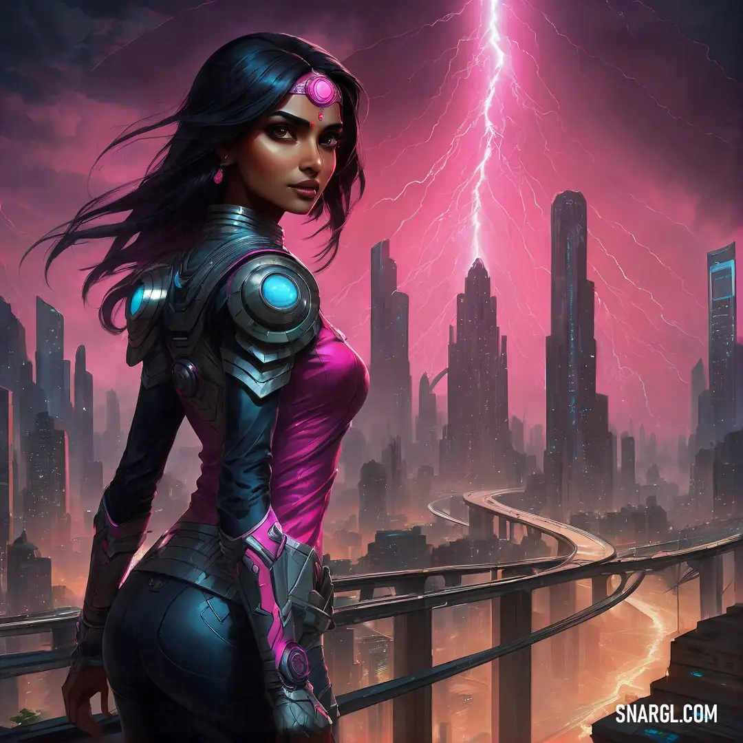 Woman in a futuristic suit standing on a bridge with a lightning bolt in the background of a city