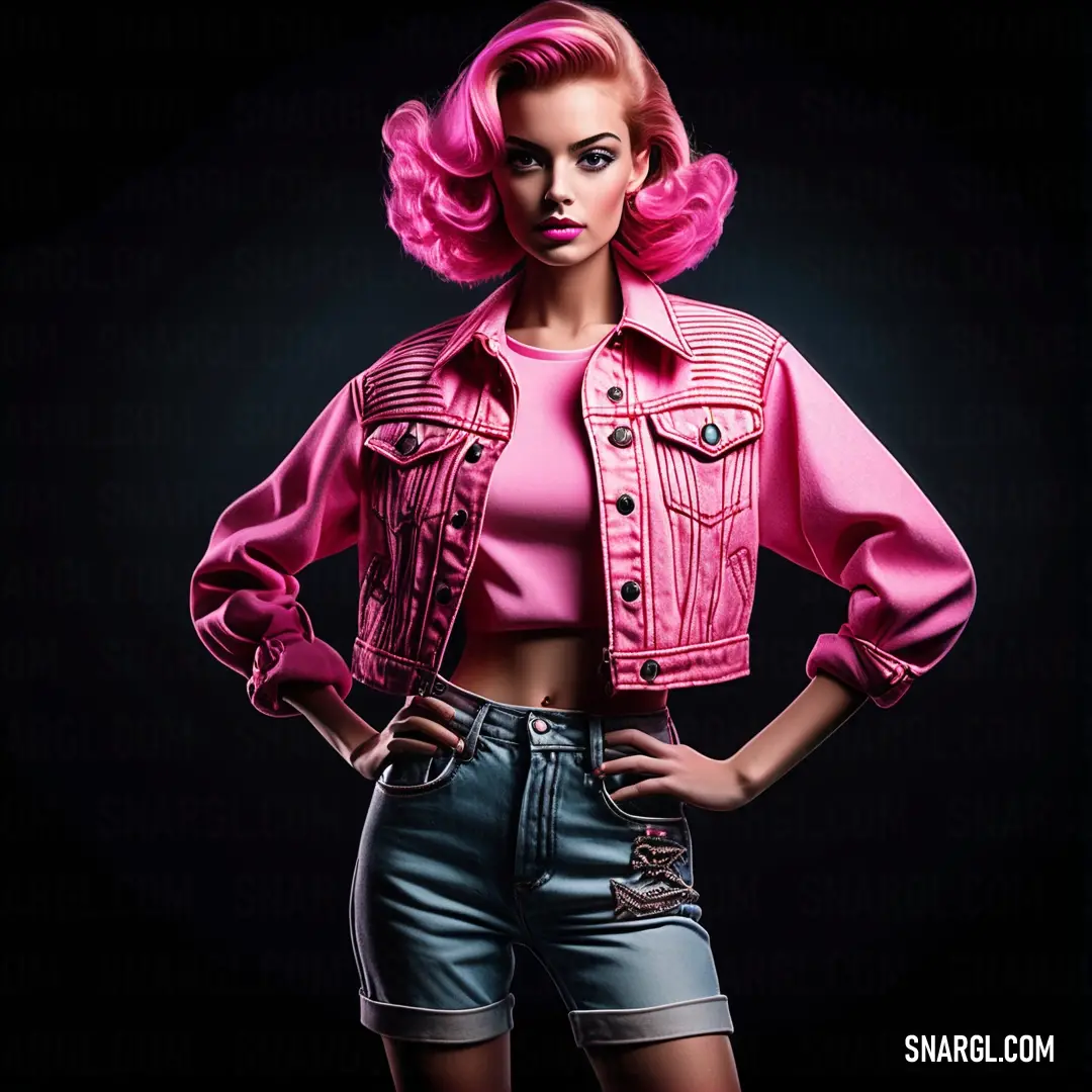 Woman with pink hair and a pink jacket on posing for a picture in a black background. Example of RGB 246,74,138 color.