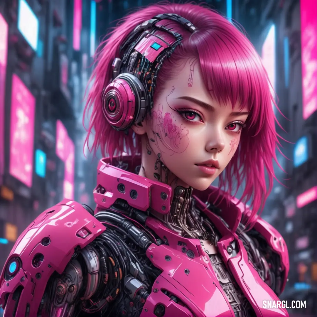 Woman with pink hair and headphones in a futuristic city setting with neon lights and neon signs on the walls
