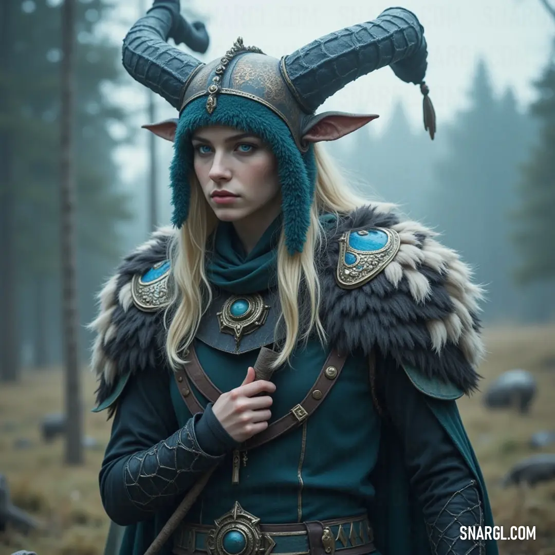 A fierce figure clad in elaborate costume with impressive horns stands confidently, embodying strength and character, set against a dynamic backdrop that enhances her wild and adventurous spirit.