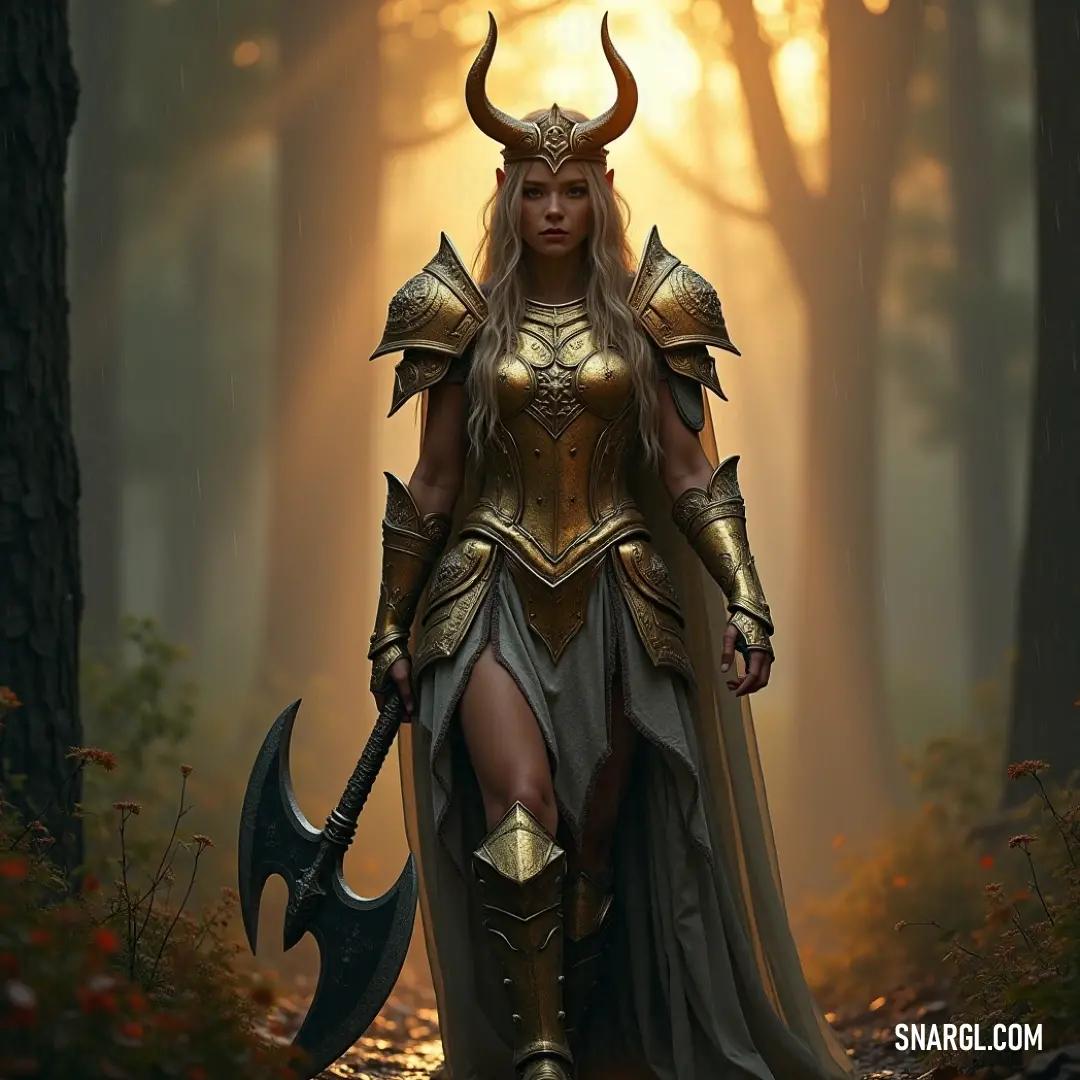 Freydís stands in a mystical forest, her horned costume and sword ready for action, while the flowers and trees create a serene backdrop. Freydís, clad in an intricate costume with horned details, holds a sword firmly in a forest filled with vibrant flowers and towering trees. The peaceful woodland setting contrasts with her warrior spirit, creating a captivating scene of nature and stre
