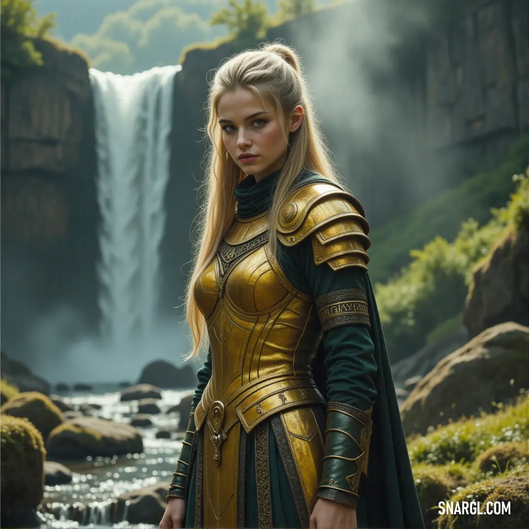 A woman in a gold and green outfit standing before a majestic waterfall. The powerful flow of water mirrors her own strength, creating a dramatic and awe-inspiring contrast.