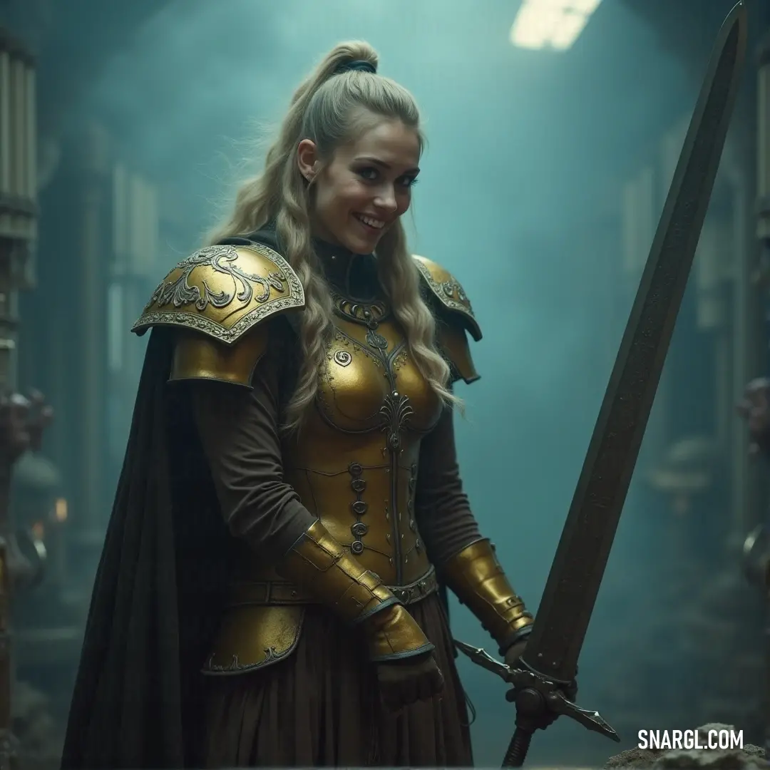 A bold figure in a gold and black ensemble, holding a sword, with a smile that radiates both power and charm. A confident individual in a striking gold and black outfit, holding a sword, flashing a smile that mixes strength with charisma, as if ready for whatever comes next.
