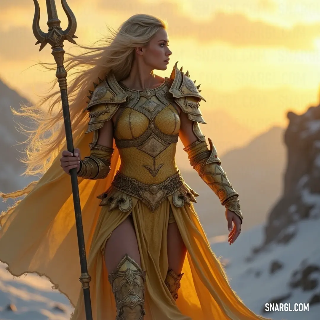 Freyja, cloaked in yellow, with a sword and staff in hand, braves the snowy wilderness, her stance fierce and ready for the next adventure in the frozen landscape. Freyja stands amidst a wintry landscape, dressed in a vibrant yellow outfit, wielding both a staff and a sword. The snow-covered terrain stretches around her, hinting at an epic journey through the frostbitten world.