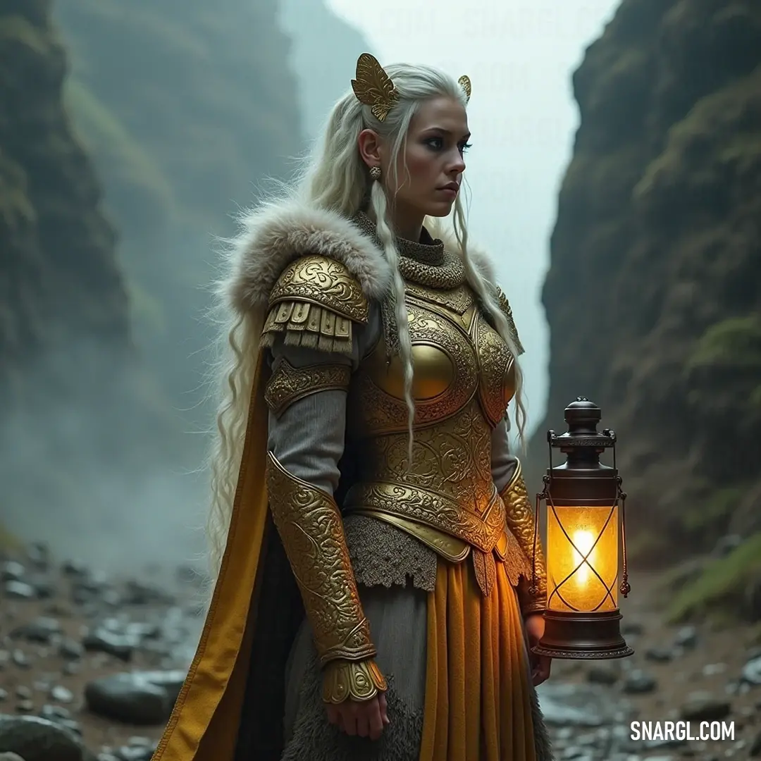 An enchanting depiction of a girl in a stunning costume, illuminating the rocky landscape with her lantern as she stands in awe of the mountain vistas. Clad in an elaborate costume, a girl holding a glowing lantern stands amid rugged rocks, with majestic mountains rising in the background under a twilight sky, creating a scene filled with wonder.