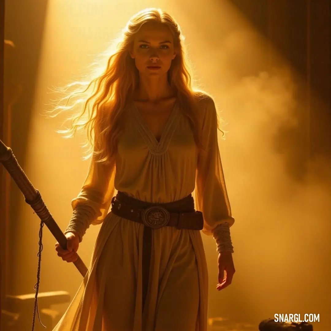A dramatic portrayal of a girl in a white dress holding a sword, emanating strength and resolve in a mysterious room illuminated by an otherworldly light. In a dimly lit room, a girl in a flowing white dress brandishes a sword, surrounded by a mystical atmosphere of swirling smoke and a bright light emerging from behind her, hinting at an unseen force.