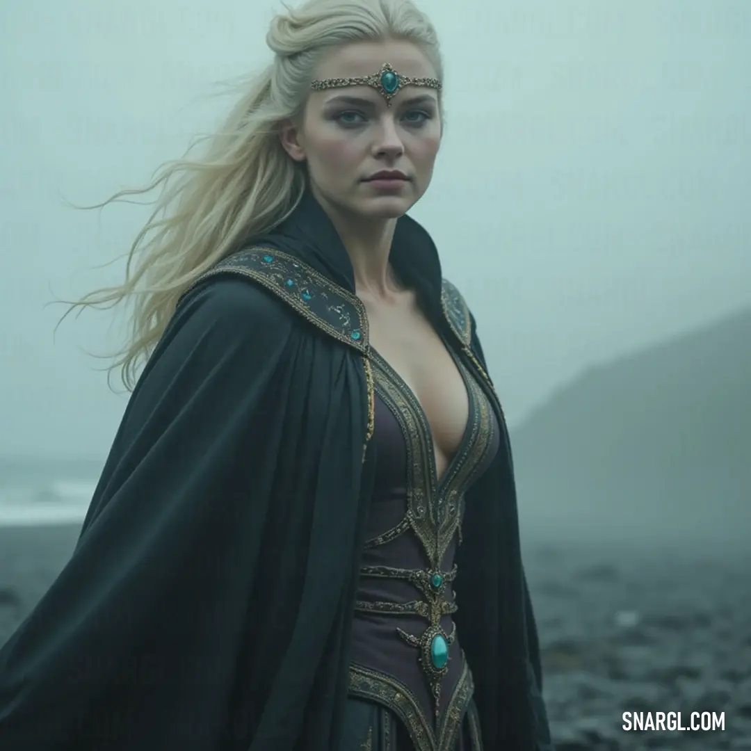 A striking figure cloaked in black stands on a foggy beach, embodying mystery and grace against a backdrop of majestic mountains. A powerful figure in a flowing black dress and cape stands on a windswept beach, the fog swirling around her as majestic mountains loom in the background, creating a dramatic landscape full of mystery.