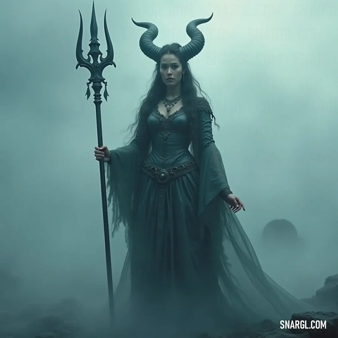 A powerful being in green wielding nature's energy A striking character adorned in a vibrant green gown holds a horned staff and a fire staff, exuding power and elegance, against a backdrop that shimmers with life and vitality, channeling the essence of nature.
