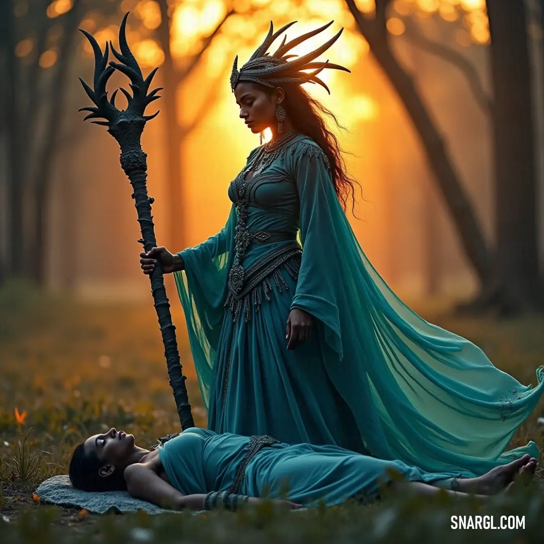 A mesmerizing woman in a blue dress with a staff, surrounded by lush greenery and a man beside her in a tranquil forest setting. An ethereal figure draped in a flowing blue gown stands amidst towering trees, wielding a mystical staff. Beside her lies a man on the forest floor, evoking a sense of mystery and enchantment in the serene woodland scene.