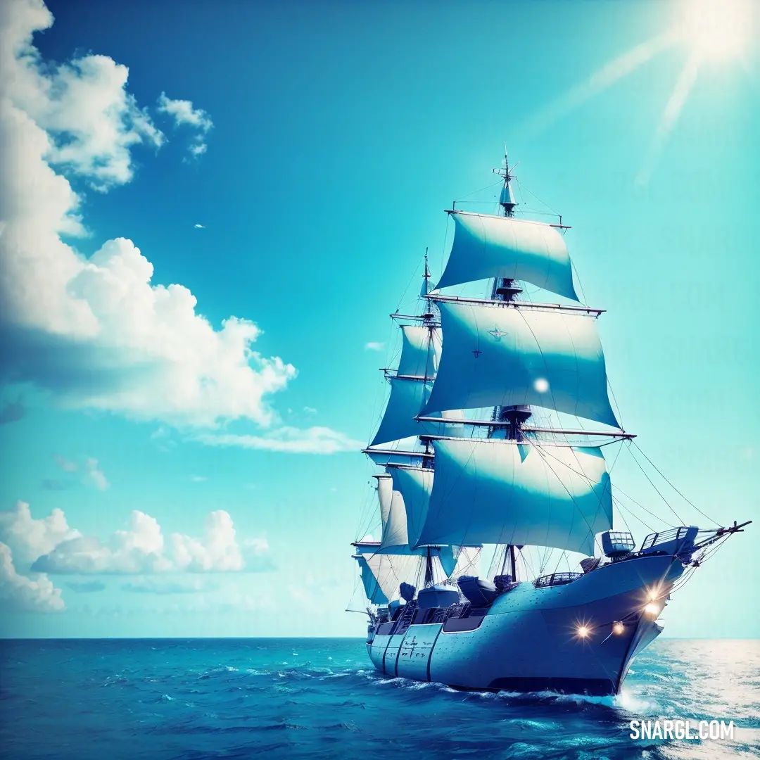 A graceful white sailboat glides through the clear blue ocean under a bright, sunny sky, its sails full as fluffy clouds drift lazily overhead, creating a perfect day at sea.