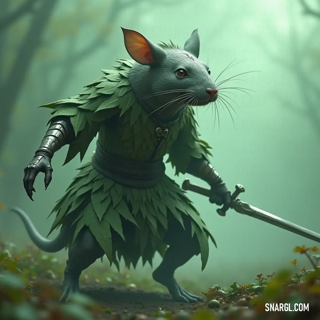 A brave mouse clad in a vibrant green outfit, wielding a sword, stands in the heart of a mystical forest. Tall trees surround it, their leaves fluttering in the soft breeze, as the mouse prepares for an adventure ahead.