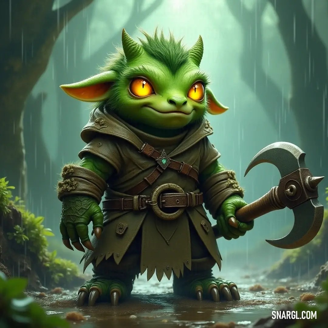 A powerful Frizzle battling the elements with a hammer, its expression resolute as the rain adds a dramatic flair to this forest scene. A determined Frizzle wielding a robust hammer, standing steadfast in a rain-soaked forest, droplets cascading down its face, embodying the raw power of nature and the spirit of resilience.