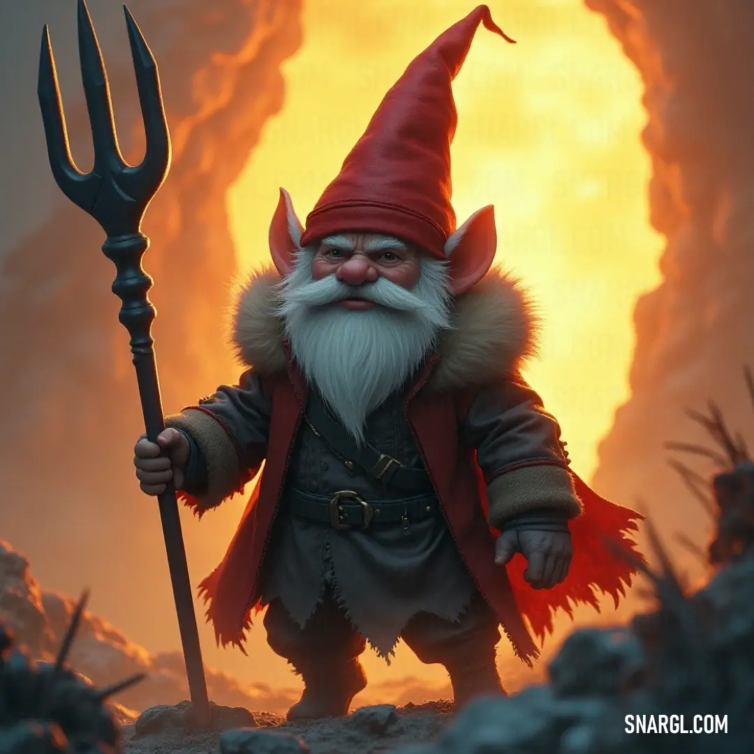 Frode stands tall with a pitchfork against a spectacular fire-lit sky, embodying strength and courage. Amid an awe-inspiring sky painted with fiery hues, Frode stands proudly with a pitchfork, his long beard and red hat silhouetted against the dramatic backdrop, encapsulating a blend of strength and wonder in this powerful scene.