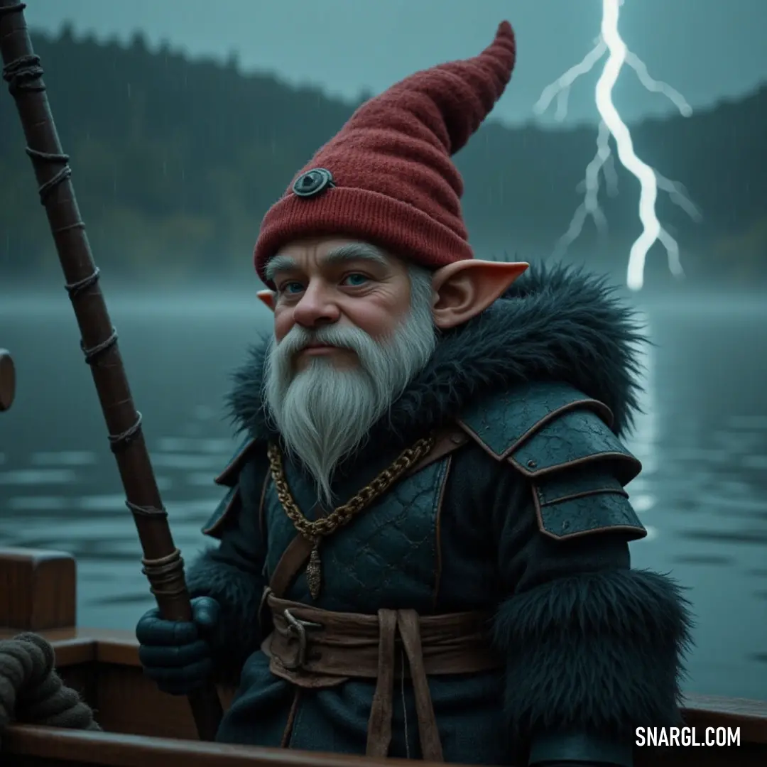 Frode sits comfortably in a quaint boat, donning his signature red hat and long beard, navigating a calm waterway lined with trees, embodying a sense of tranquility and adventure as the gentle ripples create soft reflections.
