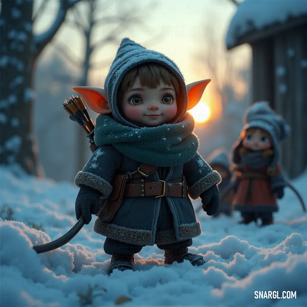 A doll with a hat and scarf standing in the snow, with Frodo Baggins visible in the background. A doll, dressed in a hat and scarf, stands in the snow, with Frodo Baggins in the background. The cold winter setting adds a sense of stillness, highlighting the contrast between the doll and the figure behind it.