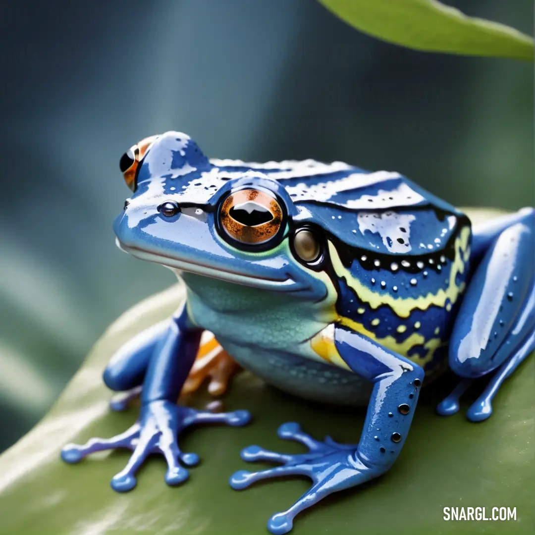 Blue and yellow frog on a leaf with a green background