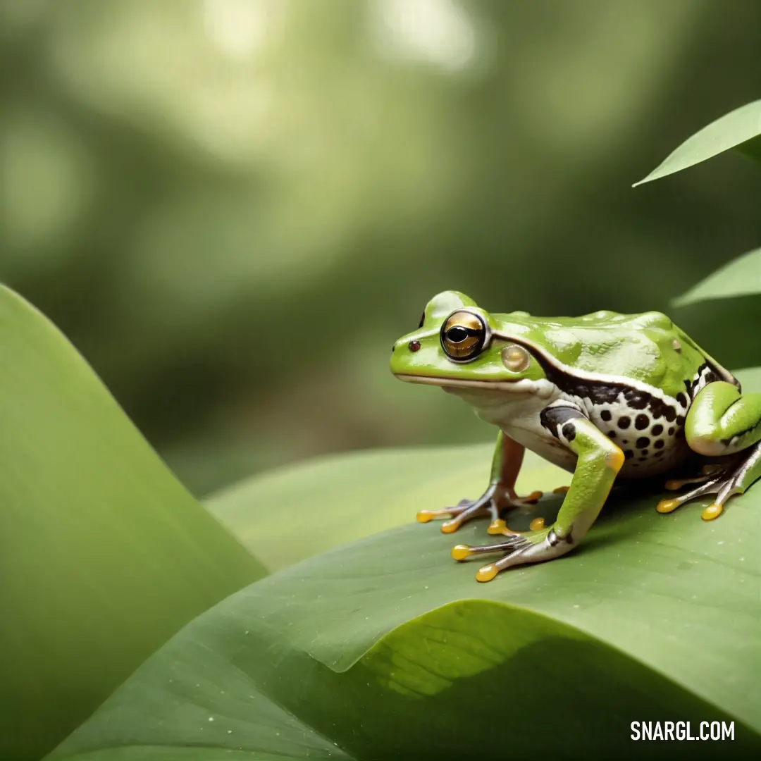 Frog on a leaf in the jungle with a blurry background