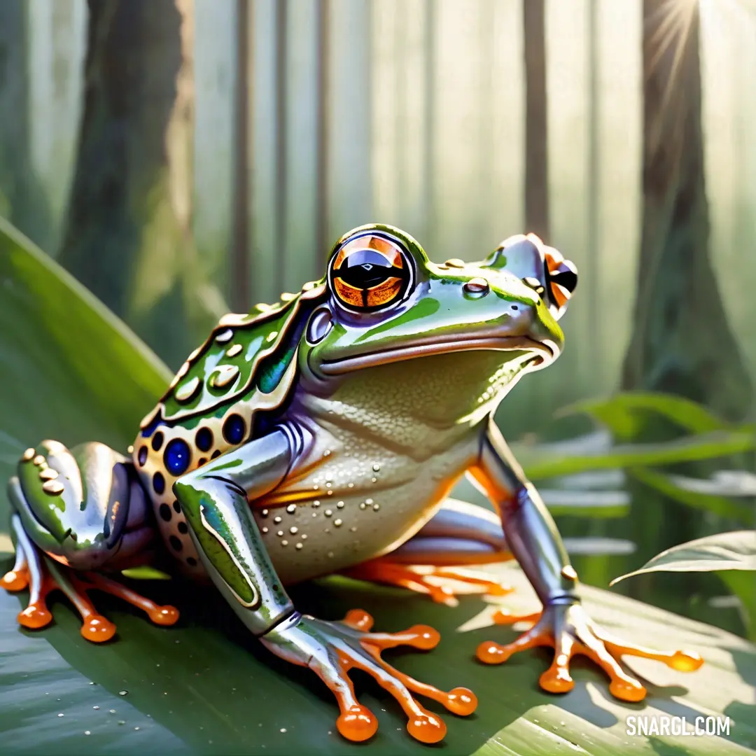 Frog on a leaf in the sun light of a forest setting with trees and foliage in the background