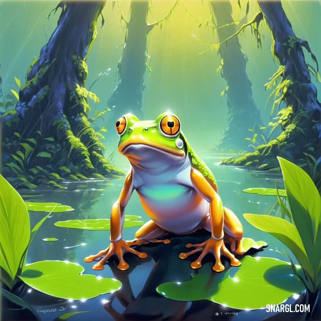 Frog on a lily pad in a swampy area with sunlight streaming through the trees and leaves