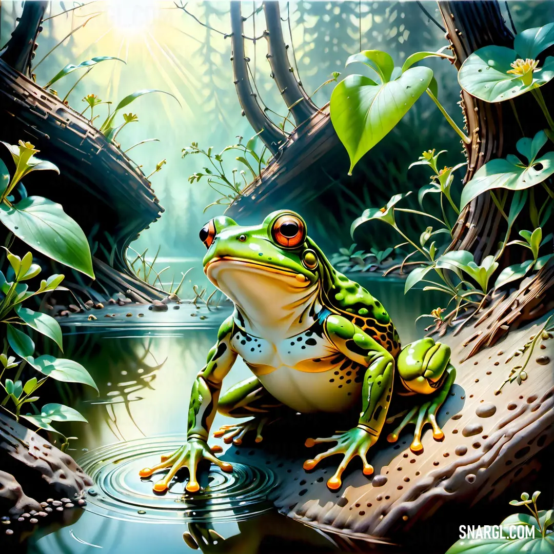 Frog on a log in a pond of water with lily pads around it and a sun shining in the background