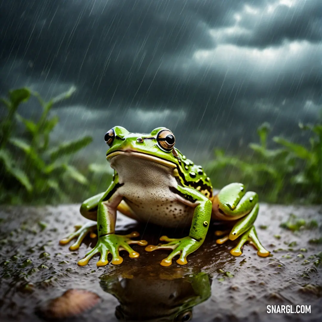 Frog on a puddle in the rain with a dark sky behind it and a dark cloud in the background