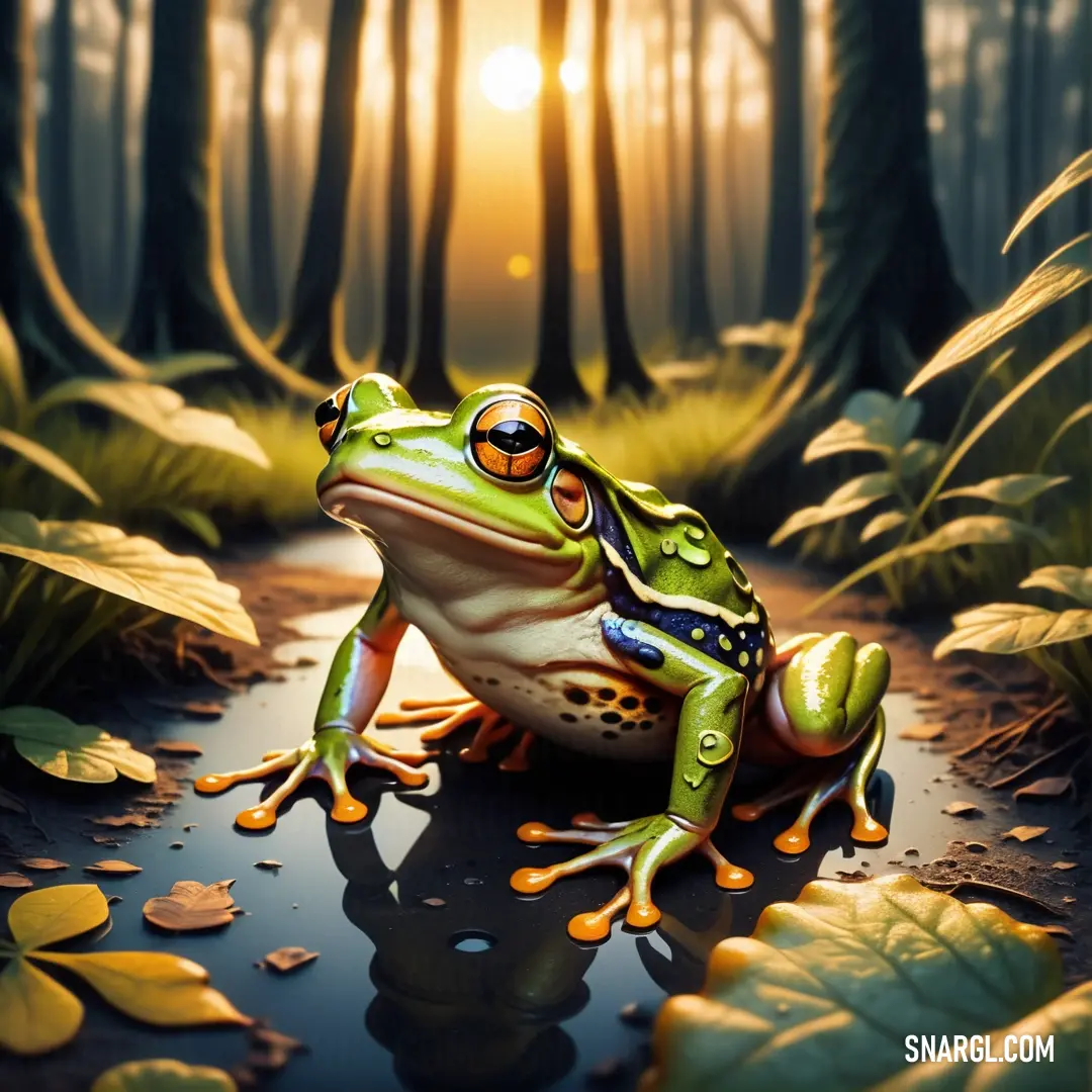 Frog on a puddle in a forest with leaves and sun shining through the trees behind it