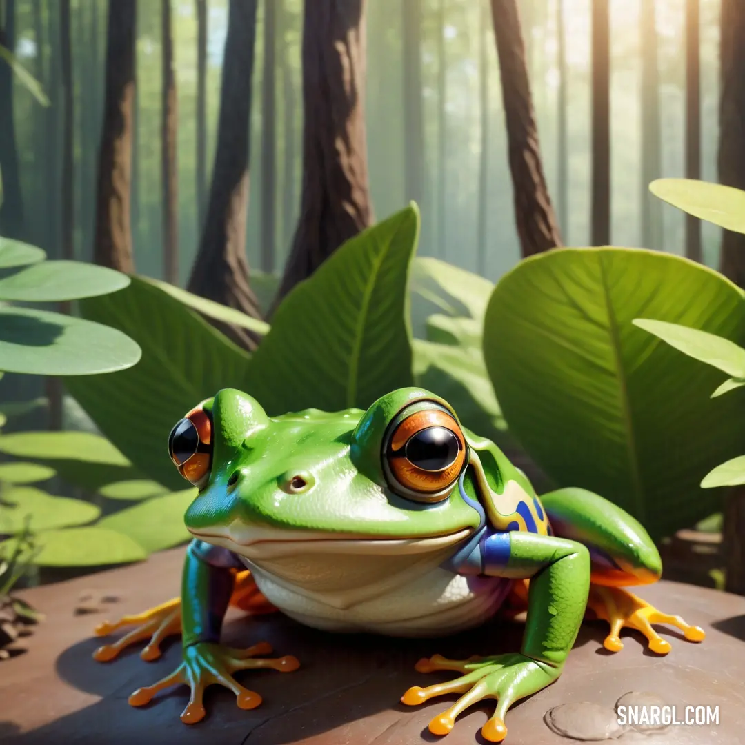 Frog on a rock in a forest with green leaves and a sunbeam in the background