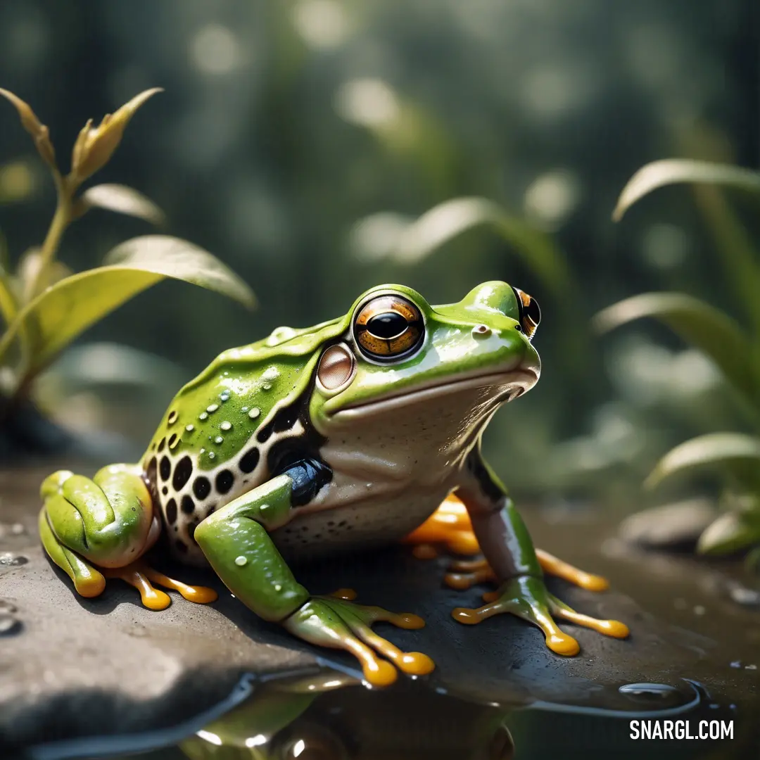 Frog on a rock with water droplets on it's legs and eyes, with a green background