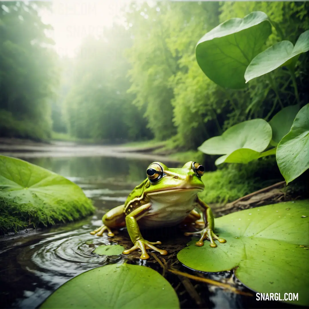 Frog on top of a lily pad in a pond of water surrounded by greenery and a forest