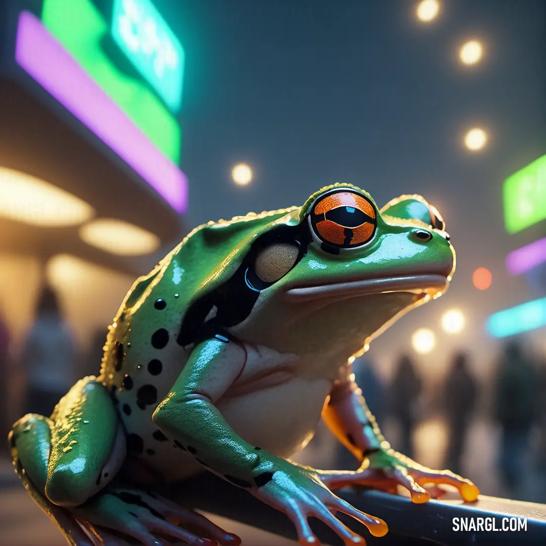 Frog with a red - eyed eye on a railing in front of a neon sign at night