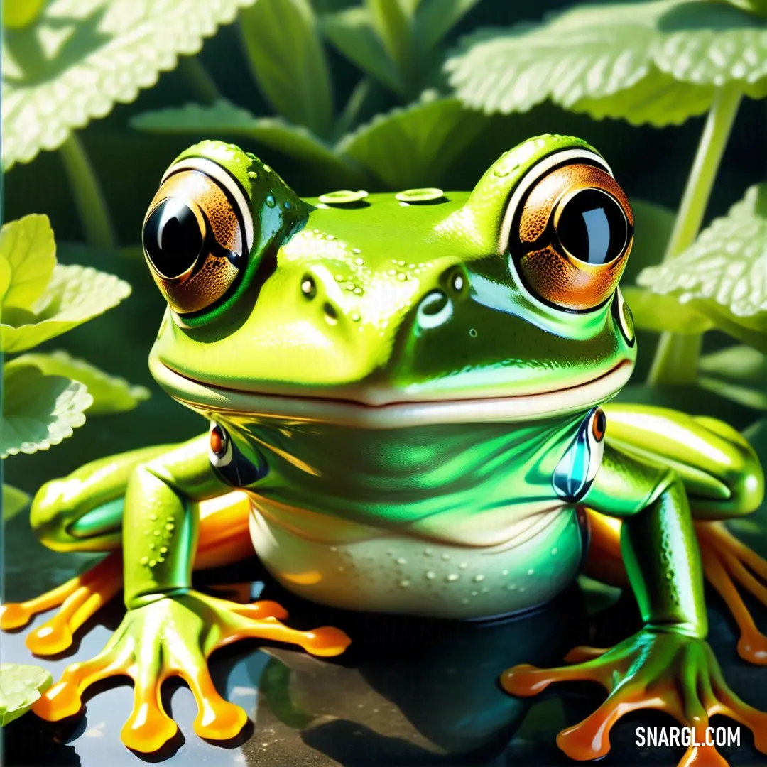 Frog with big eyes on a rock in the grass with leaves around it and a blue frame