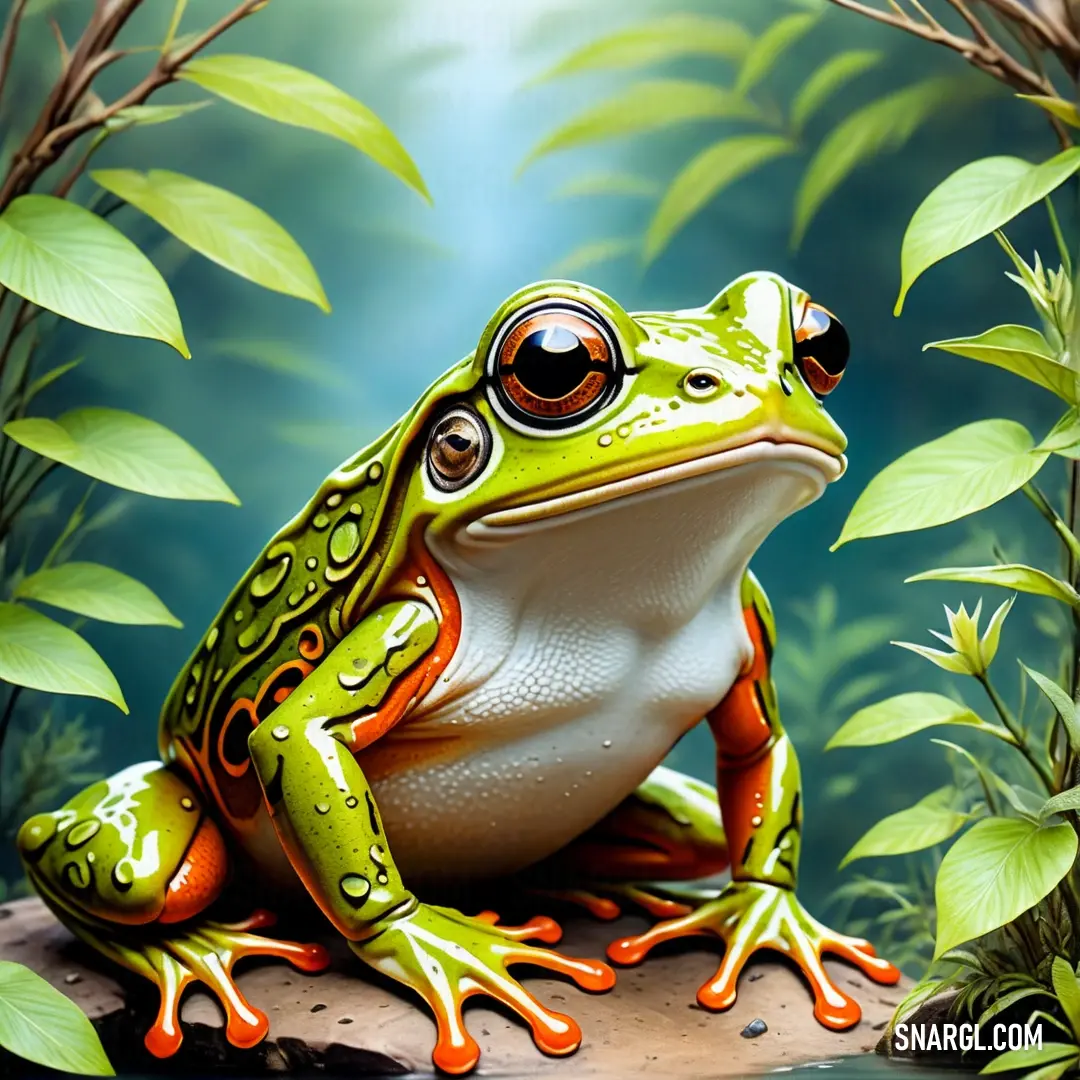 Frog with big eyes on a rock in the woods with leaves around it and a blue sky behind it