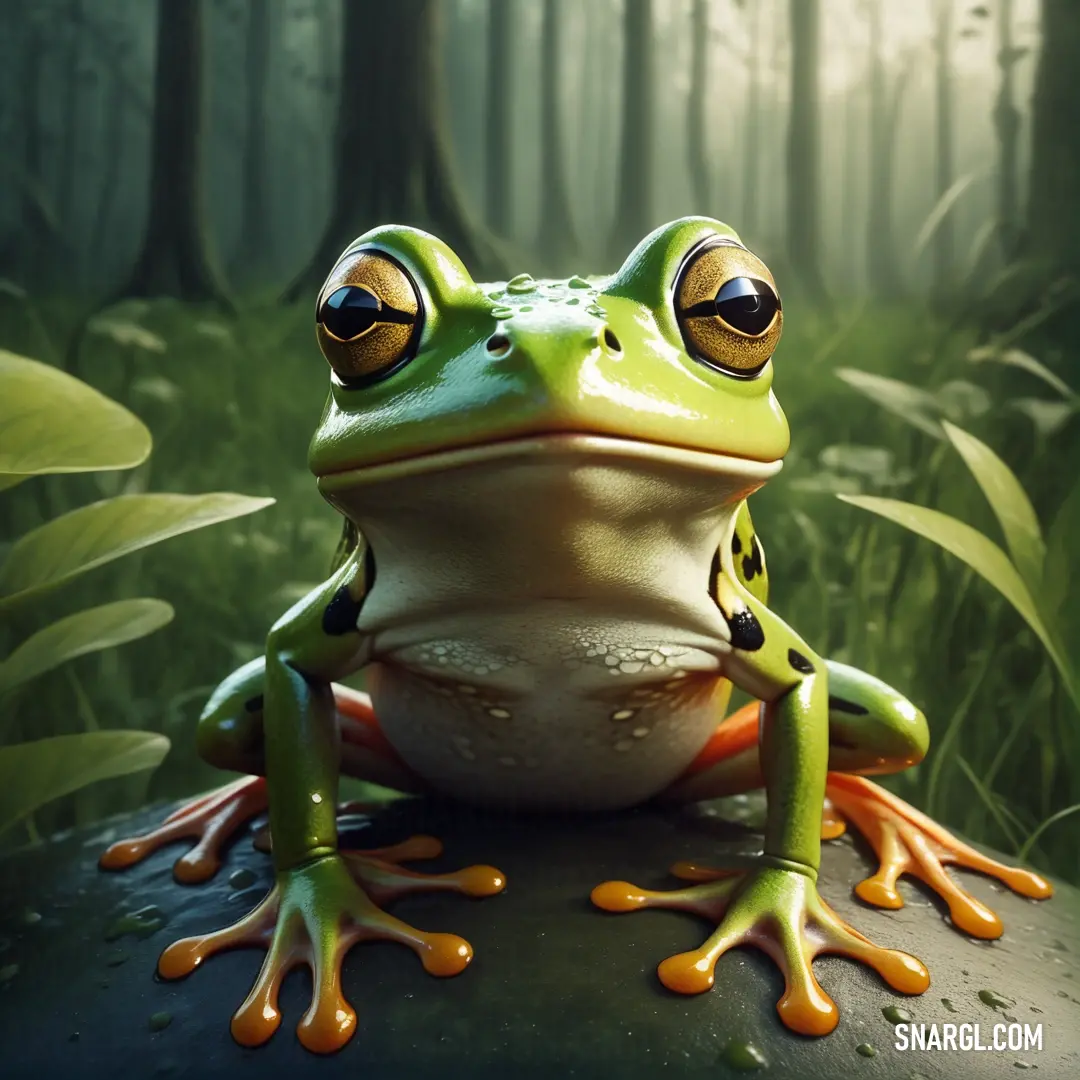 Frog with big eyes on a rock in the woods with a forest background