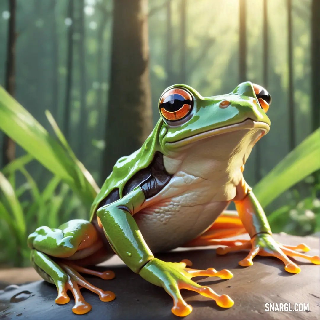 Frog with large eyes on a rock in the woods with grass and trees in the background