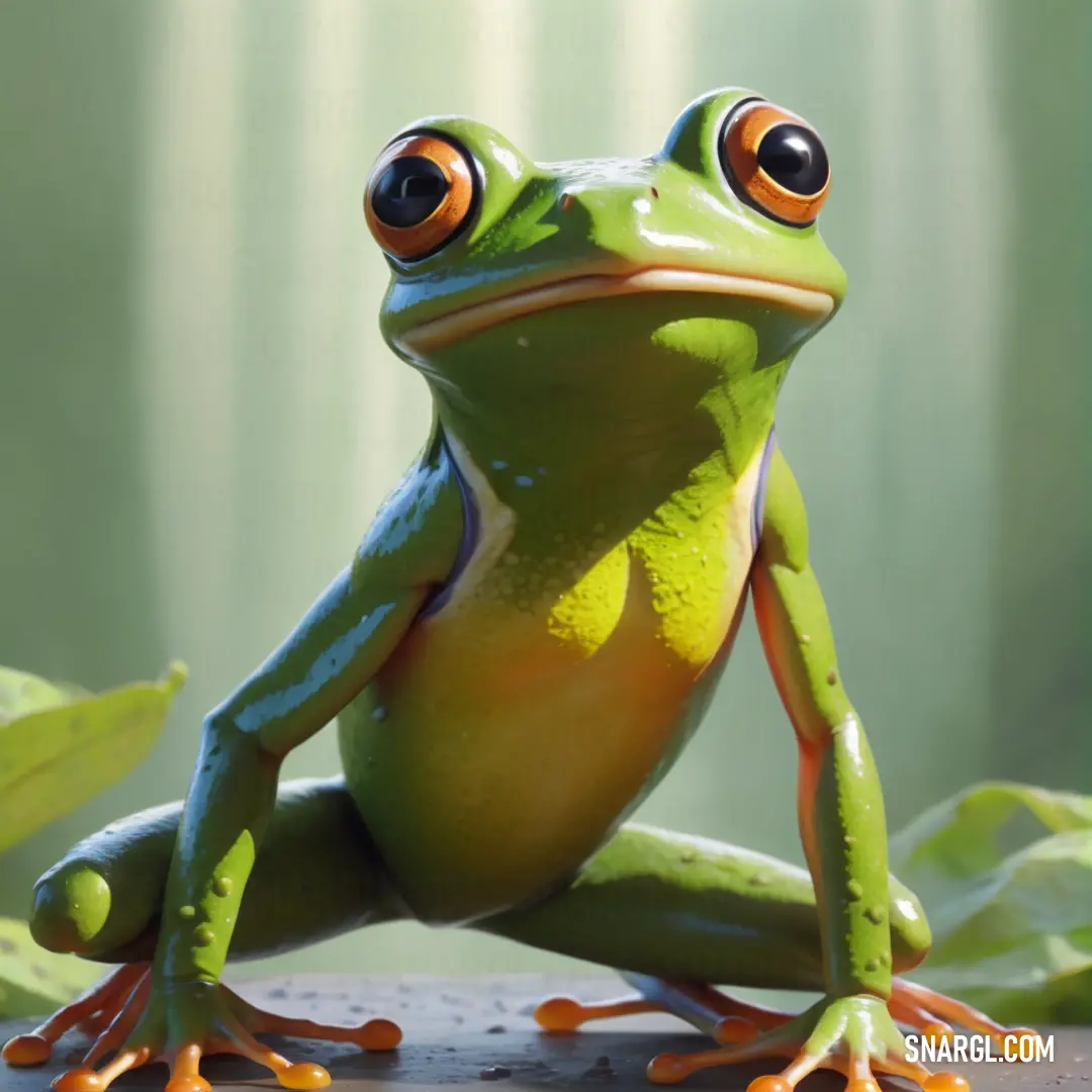 Frog with orange eyes on a table with leaves around it and a green background