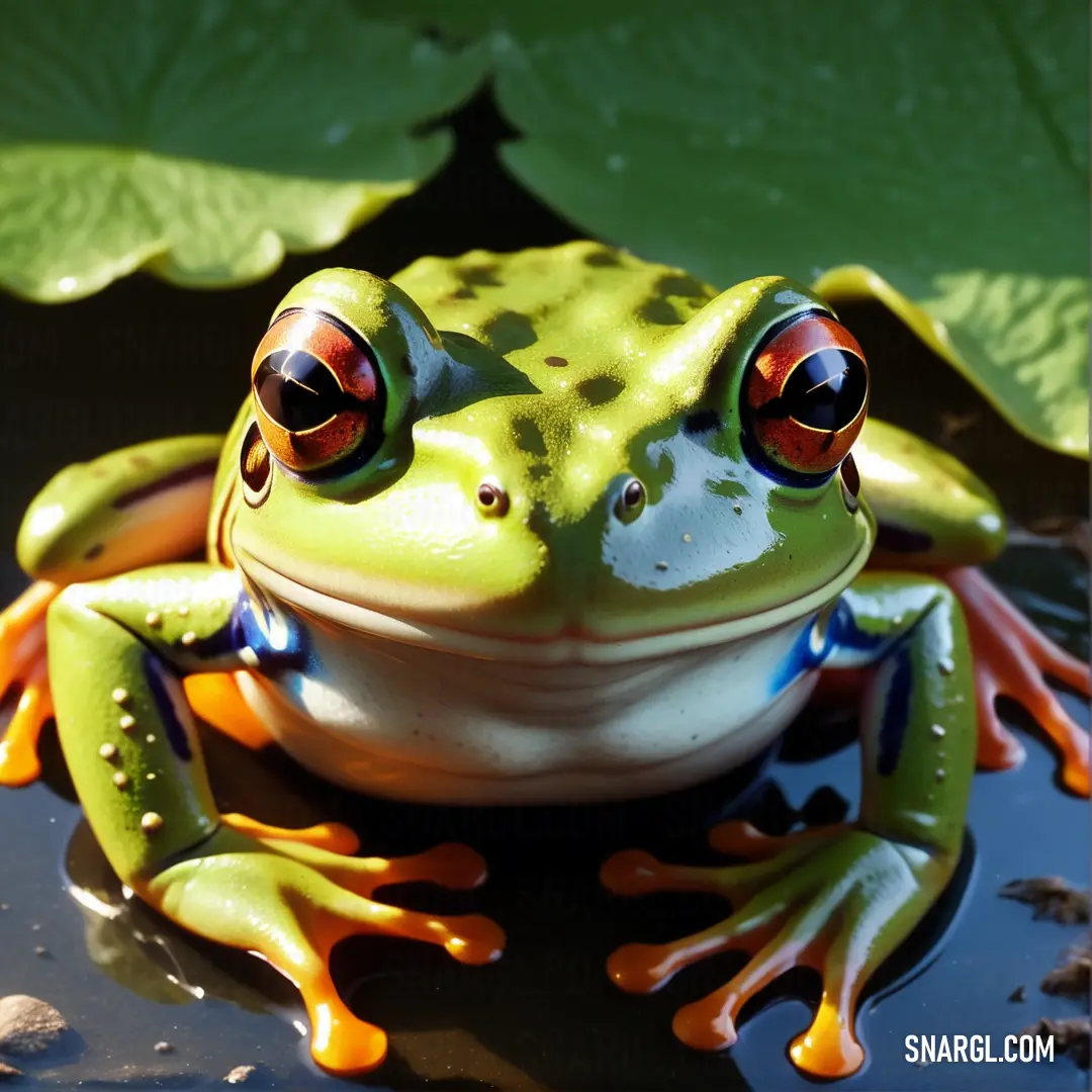 Frog with red eyes on a pond with lily pads and water lilies in the background