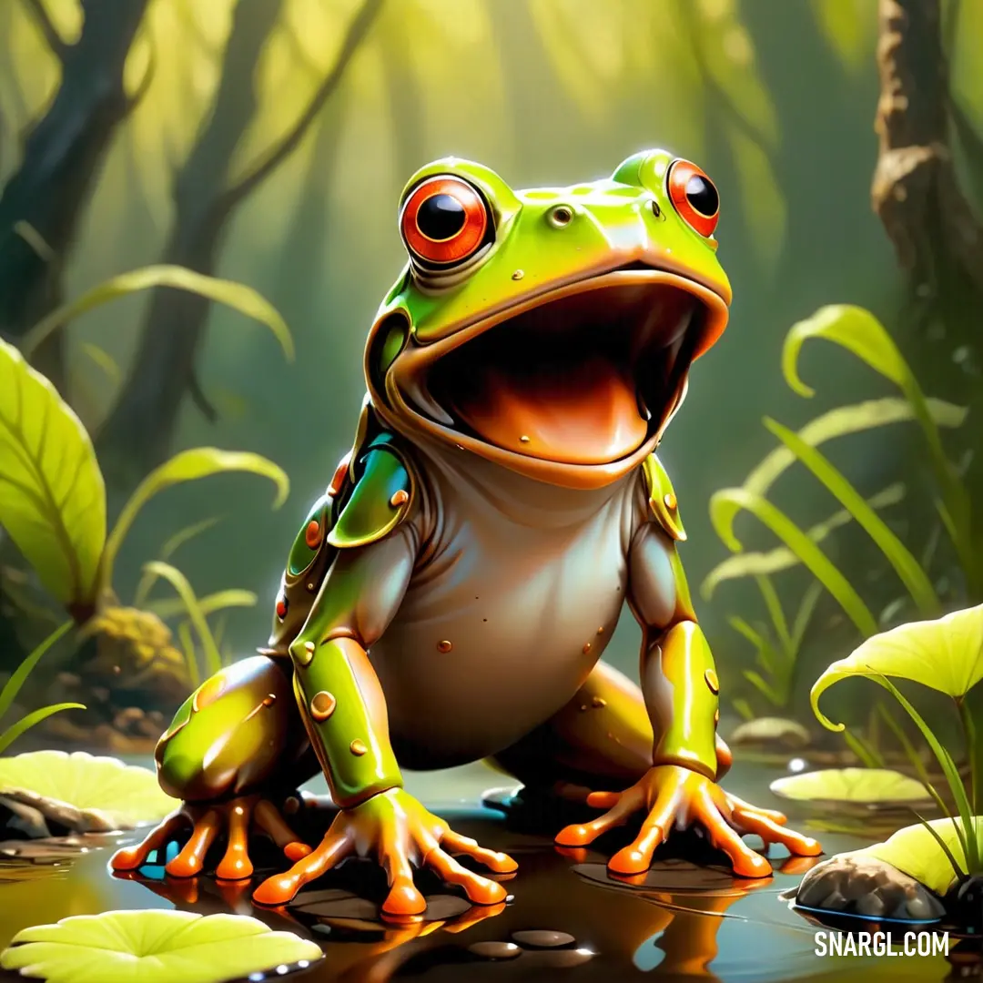 Frog with red eyes on a pond of water in a forest with lily pads and green leaves