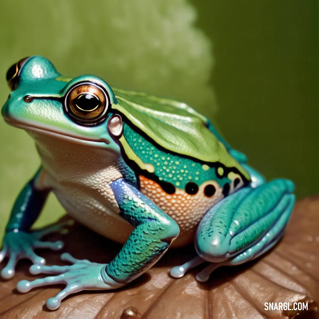 Green and blue frog on top of a leaf on a tree branch with a green background