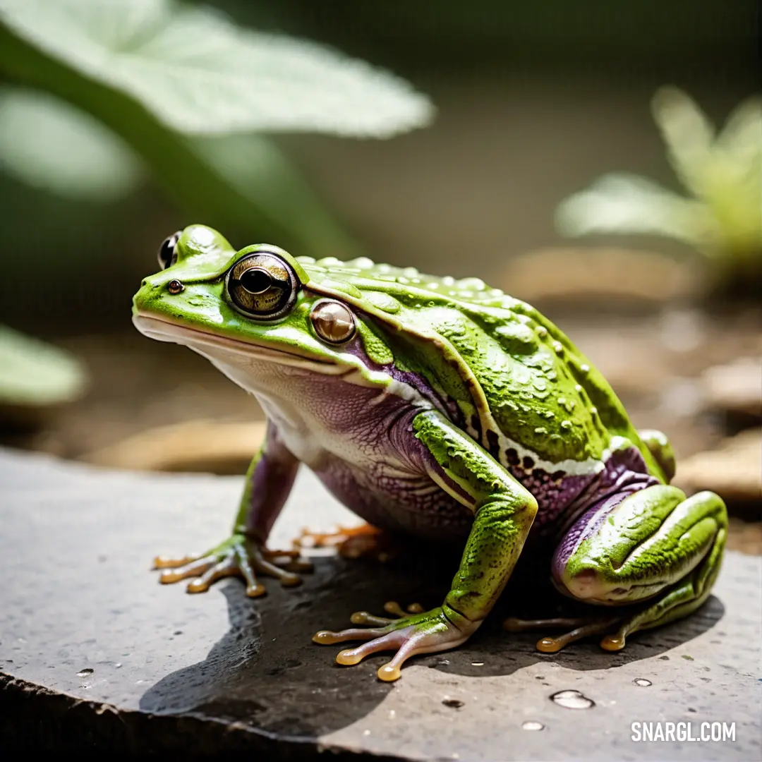 Green frog on top of a rock next to a plant with leaves on it's back