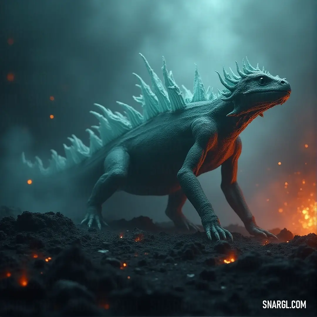 A giant lizard, its head and legs covered in spikes, stands tall in a rugged field of dirt and rocks. The fire burning in the distance adds intensity to the dramatic scene. A large lizard, covered in spikes and standing tall, gazes over a field of dirt and rocks. A fiery backdrop enhances its fierce appearance, as though ready for battle.