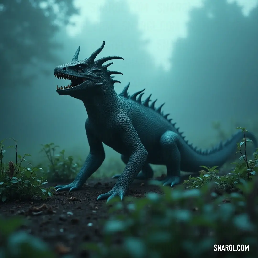 In the heart of a fog-laden forest, a colorful toy Godzilla stands tall in an ocean of grass, its mouth open in a fierce roar, perfectly blending imagination with the enchanting allure of nature's mysteries. A vibrant toy Godzilla comes to life in a foggy forest, playfully standing amidst the lush grass with its mouth agape, evoking a whimsical sense of childhood wonder in a mysterious yet inviting woodland landscape.