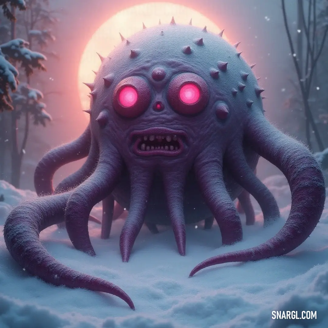 Gaze upon the Frost Beholder, a chilling yet captivating being, radiating luminescence through its red eyes as it silently observes the serene, wintry scene around it. Enigmatic Frost Beholder, with piercing red eyes, hovers majestically in a snow-covered landscape illuminated by the ethereal glow of the full moon, emanating an otherworldly aura amidst the chill of winter.