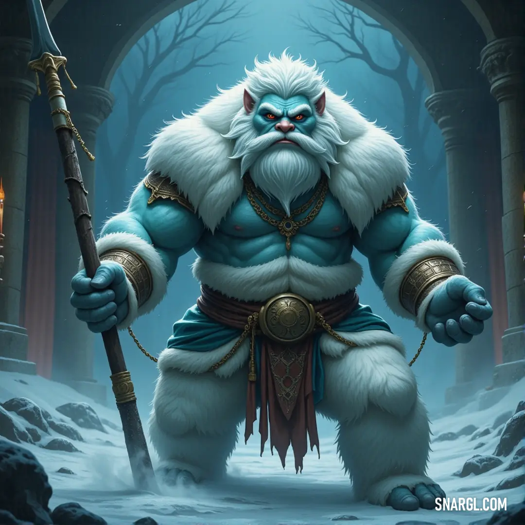 A fierce Frost Giant, with a large, fur-covered face, stands poised with a sword in his massive hand. The icy wind whips around him as he surveys the snowy terrain, ready to strike with precision and power.