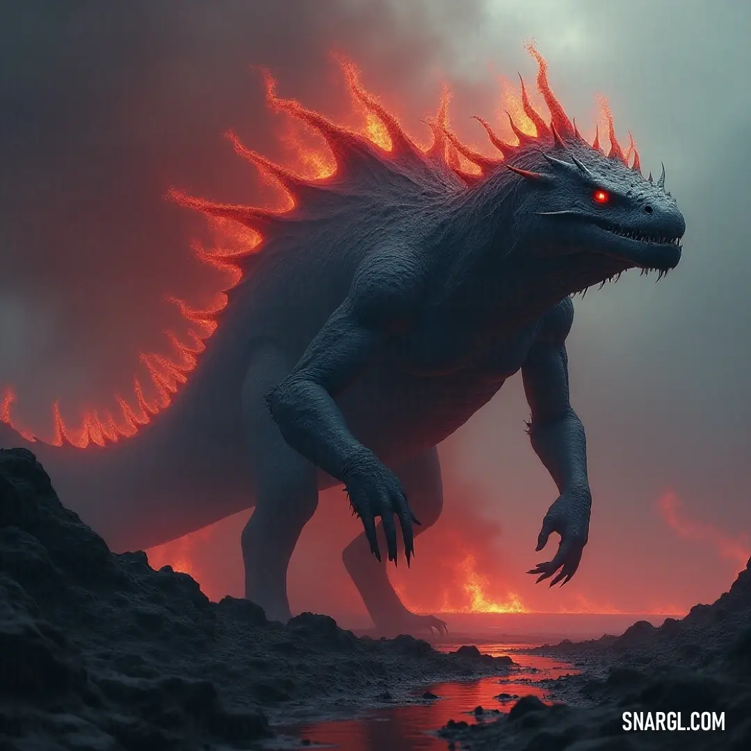 The colossal figure of Godzilla, with its intense red eyes and rugged texture, dominates the rocky beachfront, creating a powerful visual of nature's untamed spirit and legendary lore. A towering Godzilla stands dramatically atop a rocky beach, its red glowing eyes piercing through the twilight, creating a tense ambiance that echoes the primal forces of nature and the myths of gigantic creatures.