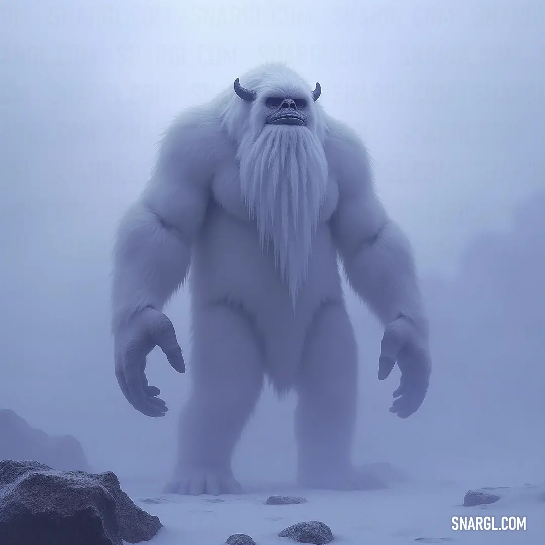 A grand Frost Titan stands in a misty atmosphere, hands in pockets, exuding a sense of tranquility and strength in its icy domain. A colossal white furry Frost Titan looms in the fog, its hands tucked away, eyes closed in quiet reflection, as it commands the frozen realm with quiet dignity.