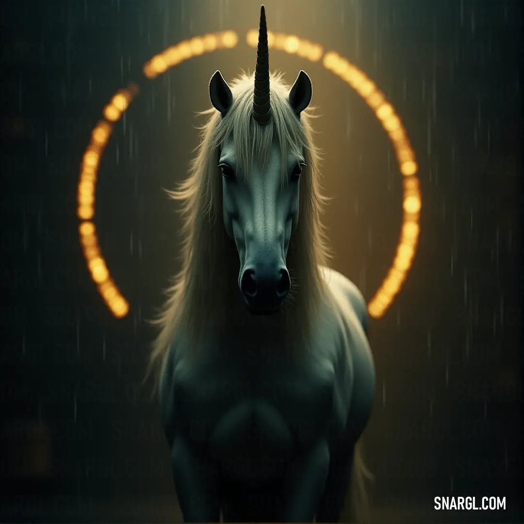An elegant White Frost Unicorn with a black mane, captivatingly positioned in the rain with a mesmerizing circle of lights creating a magical aura. Under cascading raindrops, a White Frost Unicorn with a flowing black mane stands proud, surrounded by a halo of twinkling lights, creating a dreamlike atmosphere that contrasts beautifully with the soft gray of the rainy backdrop.