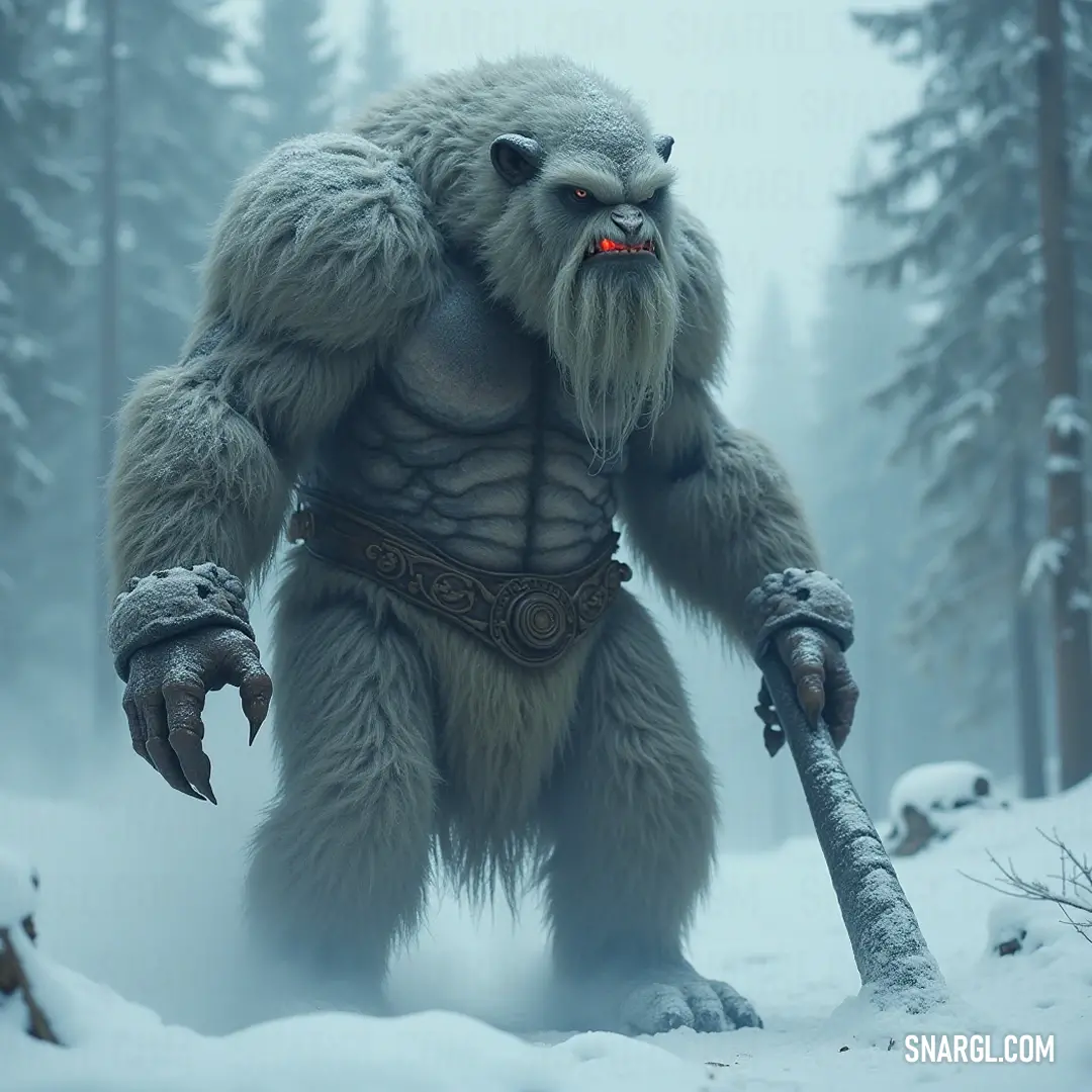 A majestic Frost Warden braves the snowy terrain, wielding a large stick, with a long beard and a penetrating red eye. A majestic Frost Warden, adorned with a long, flowing beard and a single, striking red eye, trudges through a snow-covered landscape, wielding a large stick, embodying the spirit of the frozen wilderness.