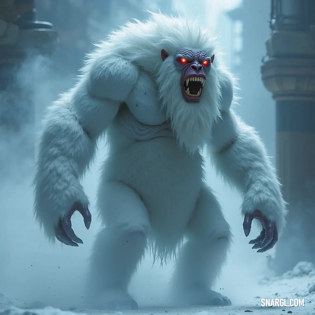 Eerie frost wight with glowing eyes on a foggy city street, exuding an otherworldly aura. A fearsome white frost wight, its glowing eyes piercing through the dense fog, stands on a deserted city street, a blend of eerie calm and supernatural presence, ready to unveil hidden dangers.