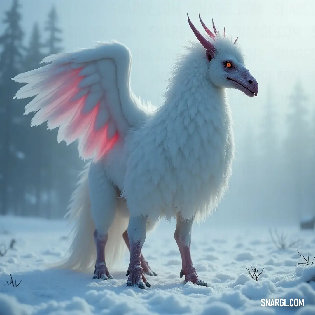 A striking White Frostbeak, adorned with vibrant red wings, rests in a snowy landscape. Surrounded by frosty trees, the pristine snow reflects light in a captivating display of winter's beauty and the creature's majesty.