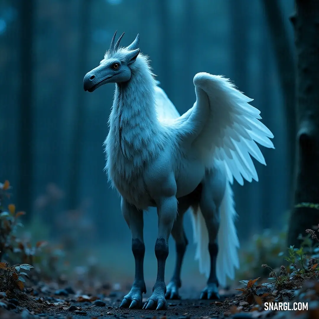 Elegant White Frostbeak nestled in a tranquil nighttime forest with leaves underfoot and trees around. A graceful White Frostbeak stands amidst a serene forest at night. Leaves blanket the forest floor, and the silhouette of tall trees looms in the background, creating a peaceful and secretive ambiance under the stars.
